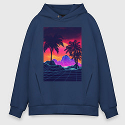 Толстовка оверсайз мужская Синтвейв пляж и пальмы, цвет: тёмно-синий