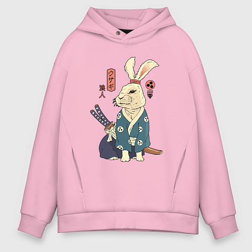 Мужское худи оверсайз Кролик самурай с мечом / Светло-розовый – фото 1