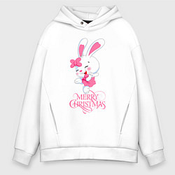 Толстовка оверсайз мужская Cute bunny, merry Christmas, цвет: белый