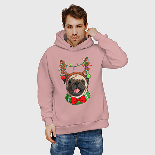 Мужское худи оверсайз Новогодний мопс / Пыльно-розовый – фото 3