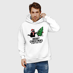 Толстовка оверсайз мужская Кот роняет новогоднюю ёлку, цвет: белый — фото 2