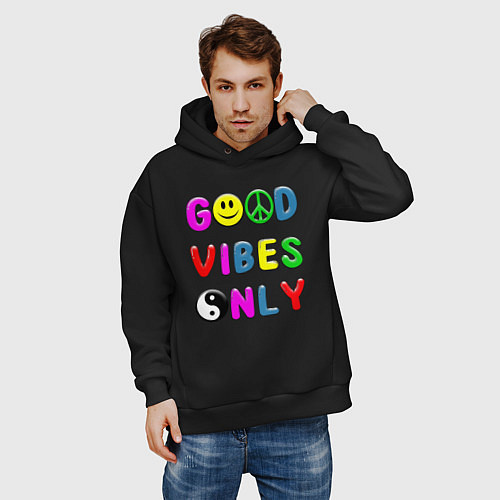 Мужское худи оверсайз Good vibes only / Черный – фото 3