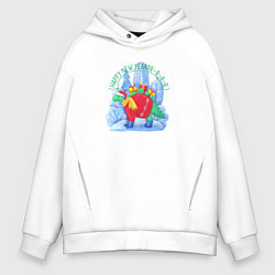 Толстовка оверсайз мужская Динозавр с новогодними подарками в лесу, цвет: белый