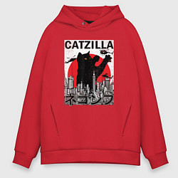 Толстовка оверсайз мужская Catzilla in Tokyo мем, цвет: красный
