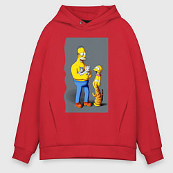Толстовка оверсайз мужская Homer Simpson and cats - нейросеть арт, цвет: красный