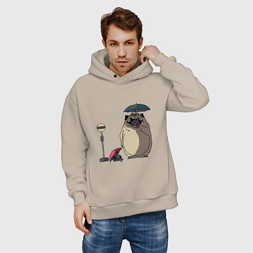 Мужское худи оверсайз Тоторо мопс / Миндальный – фото 3