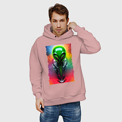 Толстовка оверсайз мужская Alien - neural network - art - neon glow, цвет: пыльно-розовый — фото 2