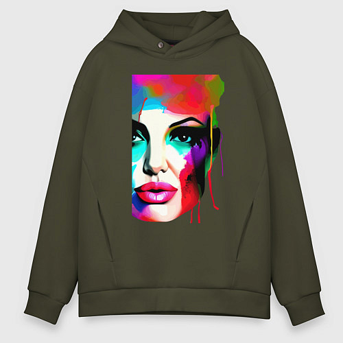 Мужское худи оверсайз Angelina Jolie - watercolor - sketch / Хаки – фото 1
