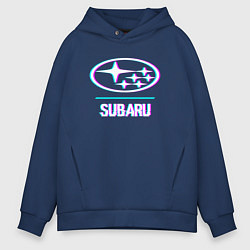 Толстовка оверсайз мужская Значок Subaru в стиле glitch, цвет: тёмно-синий