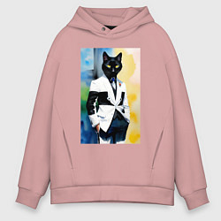 Толстовка оверсайз мужская Модный чёрный кот-джентльмен - мем, цвет: пыльно-розовый