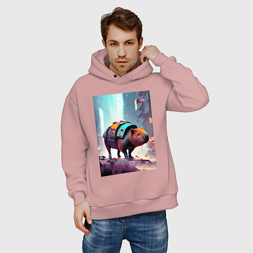 Мужское худи оверсайз Капибара в мегаполисе - киберпанк / Пыльно-розовый – фото 3