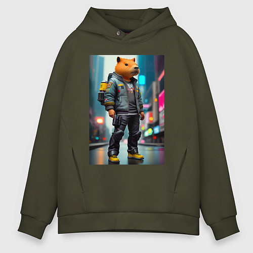 Мужское худи оверсайз Cool Capy - New York - cyberpunk - neural network / Хаки – фото 1