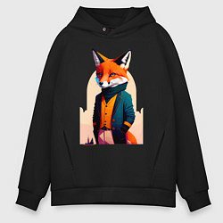 Толстовка оверсайз мужская Лис-модник - нейросеть, цвет: черный