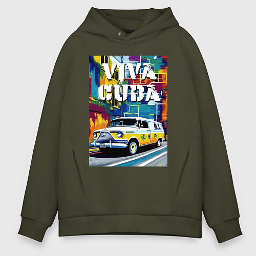 Мужское худи оверсайз Viva Cuba - car - retro / Хаки – фото 1