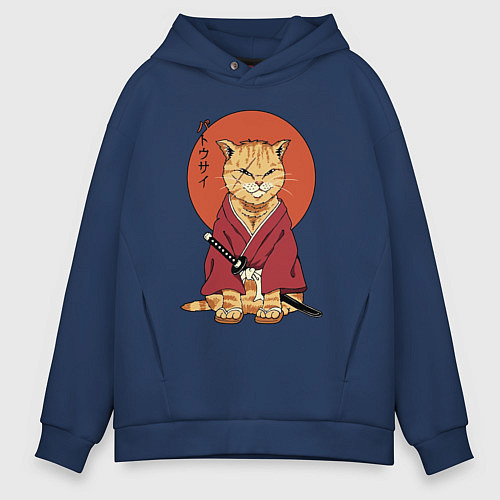 Мужское худи оверсайз Samurai kimono cat / Тёмно-синий – фото 1