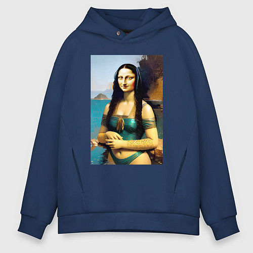 Мужское худи оверсайз Мона Лиза на пляже - Биарриц - Франция / Тёмно-синий – фото 1