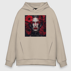 Толстовка оверсайз мужская Красивая девушка в красных цветах - нейросеть, цвет: миндальный