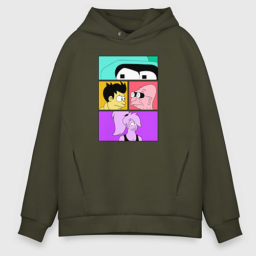 Мужское худи оверсайз Futurama: Бендер Лила Фрай и профессор / Хаки – фото 1