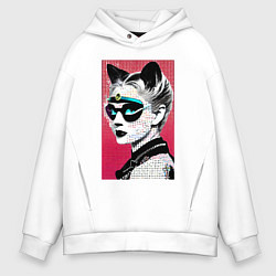 Толстовка оверсайз мужская Cat girl in a mask - neural network - pop art, цвет: белый