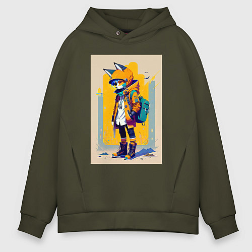 Мужское худи оверсайз Fox cub - urban style - neural network / Хаки – фото 1
