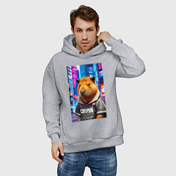Толстовка оверсайз мужская Cool capybara - urban style - neural network, цвет: меланж — фото 2