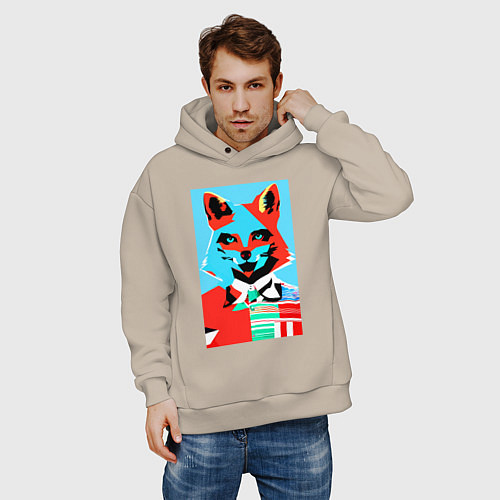 Мужское худи оверсайз Морда лисы - поп-арт - нейросеть / Миндальный – фото 3
