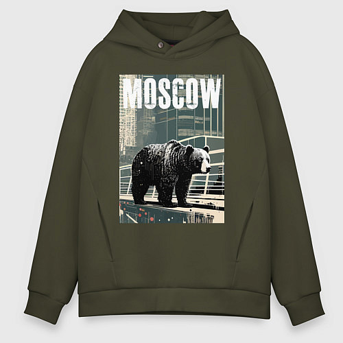 Мужское худи оверсайз Москва - Россия - медведь / Хаки – фото 1