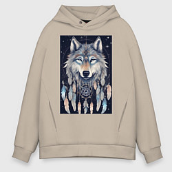 Толстовка оверсайз мужская Шаман волк, цвет: миндальный
