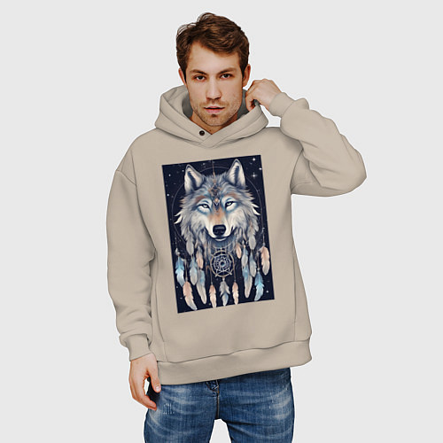 Мужское худи оверсайз Шаман волк / Миндальный – фото 3