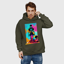 Толстовка оверсайз мужская Funny skeleton - pop art - neural network, цвет: хаки — фото 2