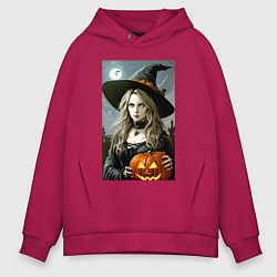 Толстовка оверсайз мужская Прекрасная ведьма с тыквой - хэллоуин, цвет: маджента
