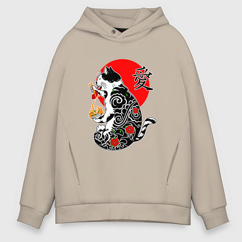 Мужское худи оверсайз Котик - якудза и иероглиф / Миндальный – фото 1