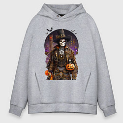 Толстовка оверсайз мужская Скелет в стиле стимпанк - хэллоуин, цвет: меланж