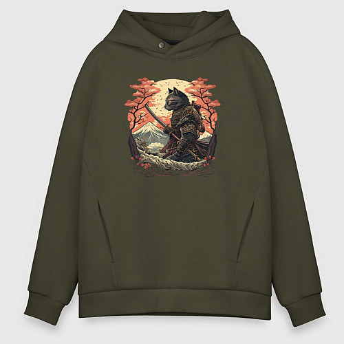 Мужское худи оверсайз Японский самурайский кот / Хаки – фото 1