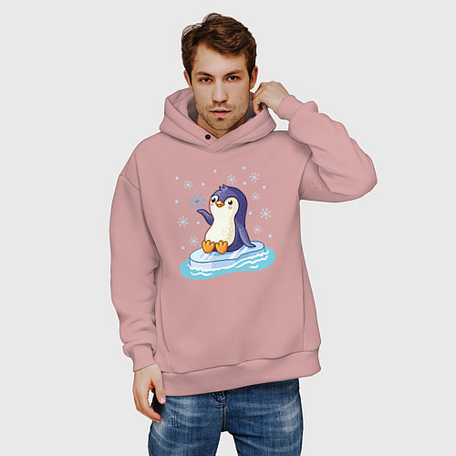 Мужское худи оверсайз Пингвин на льдине / Пыльно-розовый – фото 3