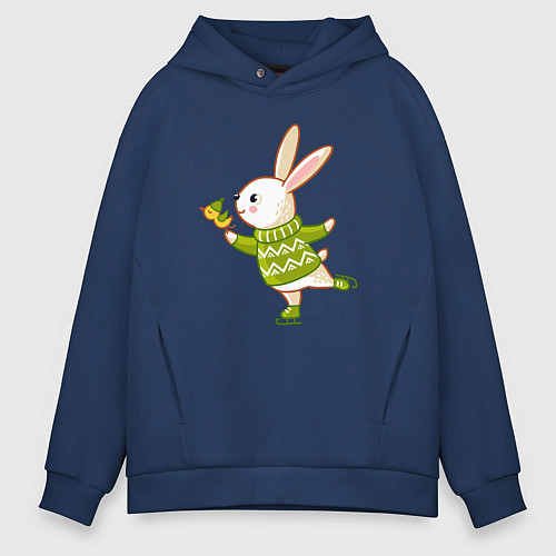 Мужское худи оверсайз Кролик на катке / Тёмно-синий – фото 1