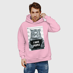 Толстовка оверсайз мужская Кот преступник уголовник с табличкой, цвет: светло-розовый — фото 2