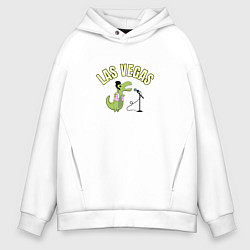 Толстовка оверсайз мужская Мультяшный динозавр Элвис с вывеской Las Vegas, цвет: белый