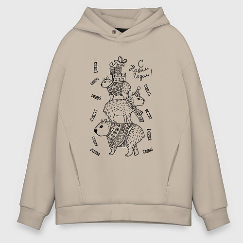 Мужское худи оверсайз Новогодние капибары - раскраска / Миндальный – фото 1