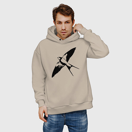 Мужское худи оверсайз Ласточка парит трафарет / Миндальный – фото 3