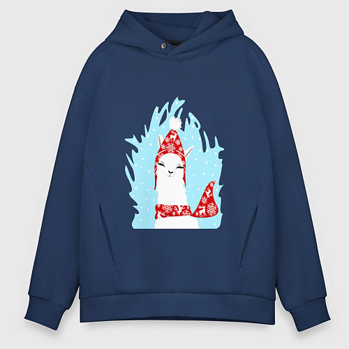 Мужское худи оверсайз Лама - альпака в шапочке / Тёмно-синий – фото 1