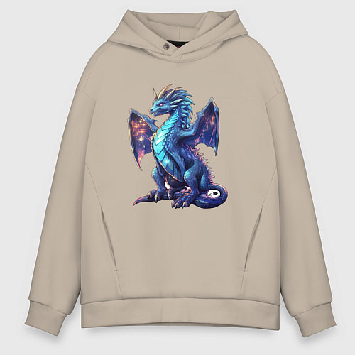 Мужское худи оверсайз Синий новогодний дракон / Миндальный – фото 1
