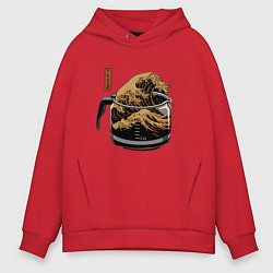 Толстовка оверсайз мужская Большая волна в Канагаве в чайнике с кофе, цвет: красный