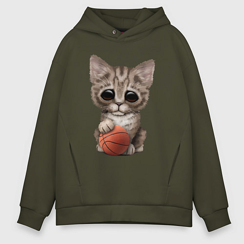Мужское худи оверсайз Котик баскетболист / Хаки – фото 1