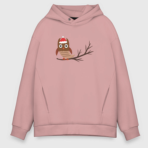 Мужское худи оверсайз Новогодняя сова на ветке / Пыльно-розовый – фото 1