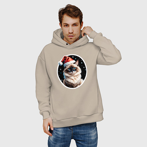 Мужское худи оверсайз Кот породы Рэгдолл в новогодней шапке / Миндальный – фото 3