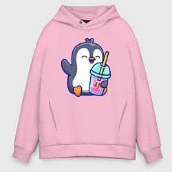 Толстовка оверсайз мужская Пингвин с напитком, цвет: светло-розовый
