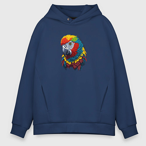 Мужское худи оверсайз Красочный попугай в ярких перьях / Тёмно-синий – фото 1