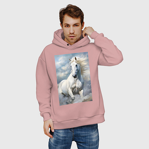 Мужское худи оверсайз Белая лошадь на фоне неба / Пыльно-розовый – фото 3