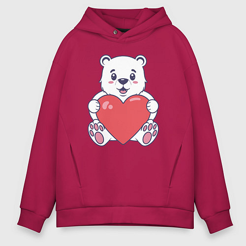 Мужское худи оверсайз Белый медведь с сердцем / Маджента – фото 1